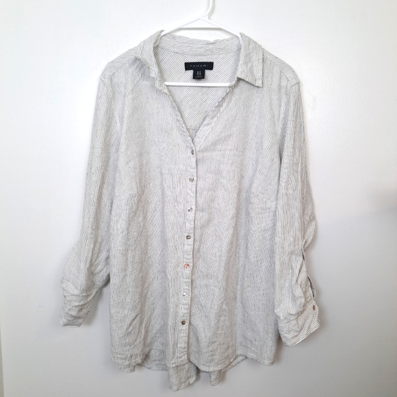 Tahari Tops - Tahari White Black Pinstripe Linen Blend Button Up Coastal 3/4 Sleeve Size 1X